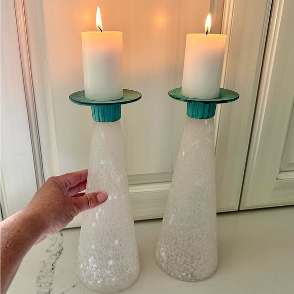 RARE Vintage Toyo Candle Holders, Scavo Glass, Verdigris Bronze, Exc. Cond - Picture 4 of 11